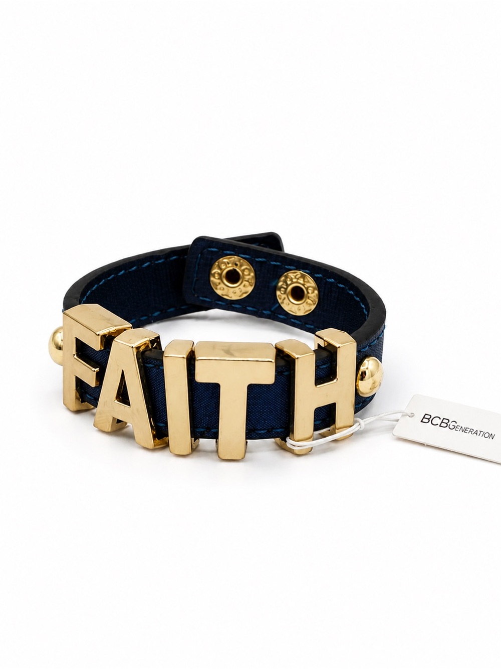 BCBGeneration FAITH Bracelet Gold Letters Navy Blue Faux Leather NWT - Picture 8 of 13